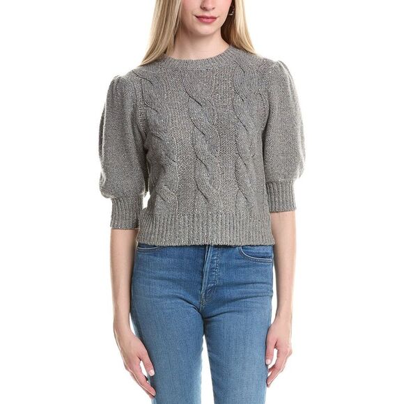 Autumn Cashmere WomensPuff Sleeve Cable Cashmere & Wool-Blend Sweater, Grey